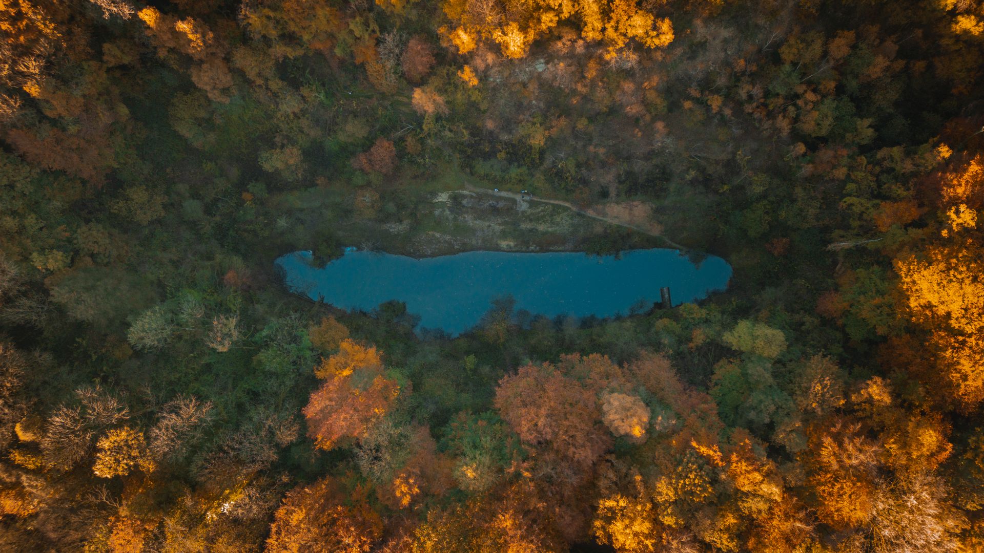 Ein Waldsee inmitten herbstlich gefärbter Baumkronen aus der Vogelperspektive.