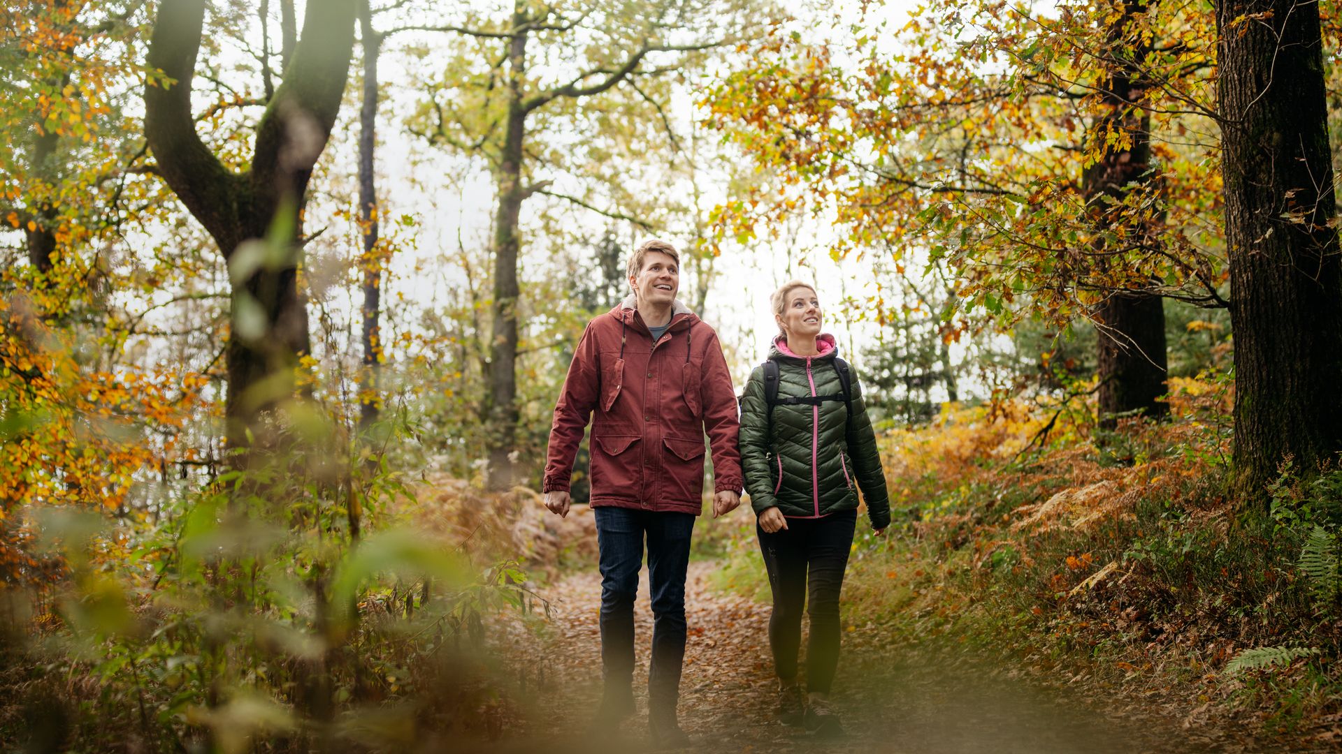 Zwei Personen spazieren fröhlich durch einen herbstlichen Waldpfad in buntem Laub.