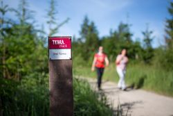Twee wandelaars lopen over een natuurlijk pad bij zonnig weer.