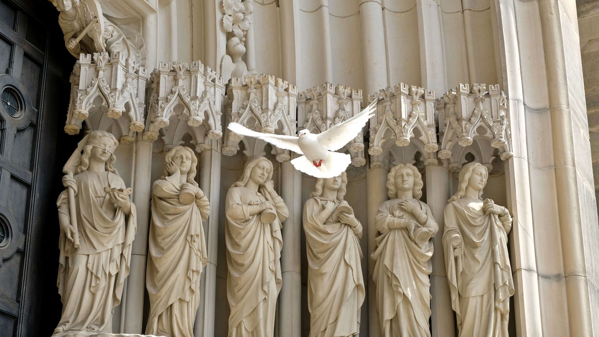 Een witte duif vliegt voor een gotisch stenen reliëf waarop heiligen staan afgebeeld.