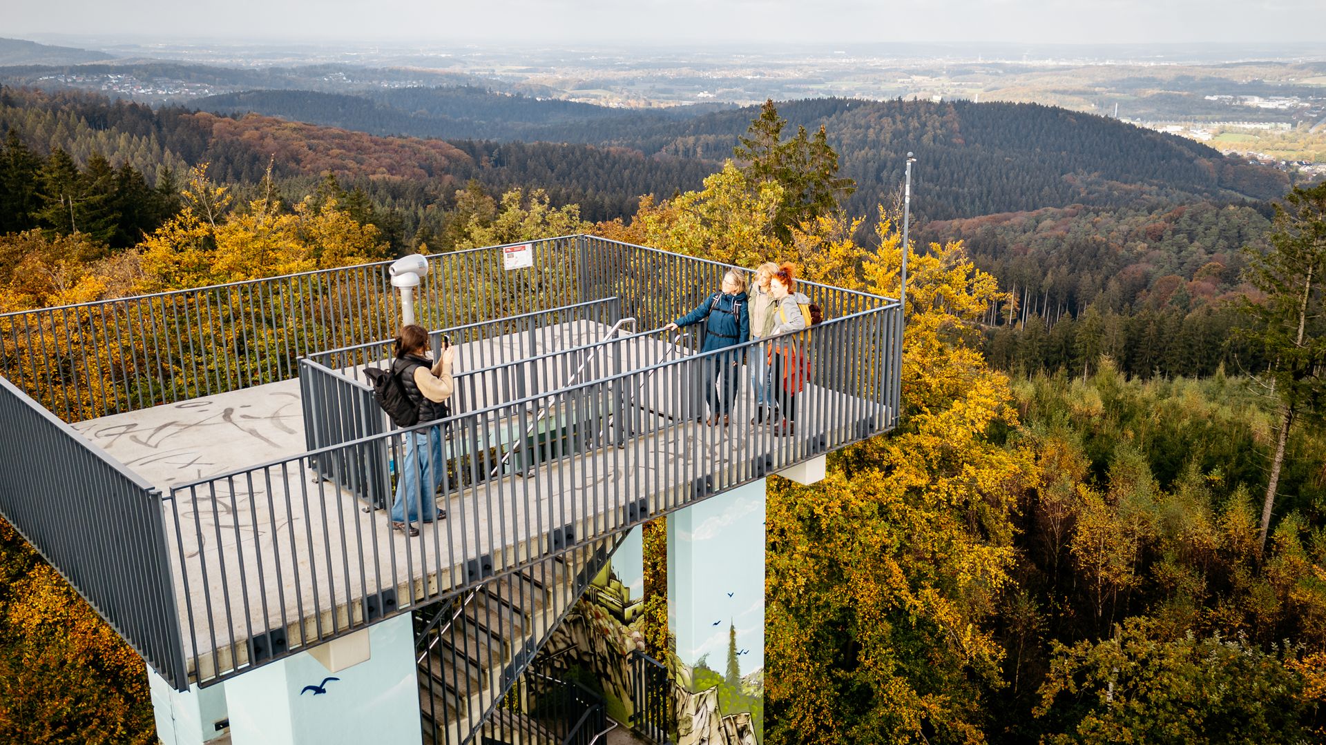 Personen stehen auf einer Aussichtsplattform im Wald mit weitem Blick über bewaldete Hügel.