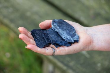 Zwart krijt uit de zwarte krijtgroeve Vehrte, een donker, fijnkorrelig natuurlijk materiaal uit de geologische geschiedenis van de regio.